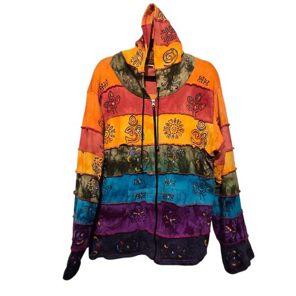 Rising Int'l Rainbow Floral Patchwork Hoodie Sweatshirt Womens XL Hippie Boho - Picture 1 of 9